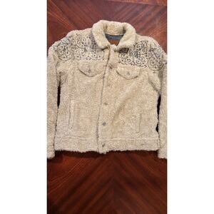 Lucky Brand Sherpa Tomboy Trucker Jacket Womens Sz M Paisley Western Fleece Coat